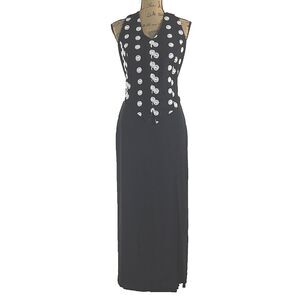 CANDYA Dress S/M White Black Long Sheath Texture Vest Overlay Side Slit VTG